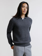 Open polo collar sweater in anthracite ribbed knit