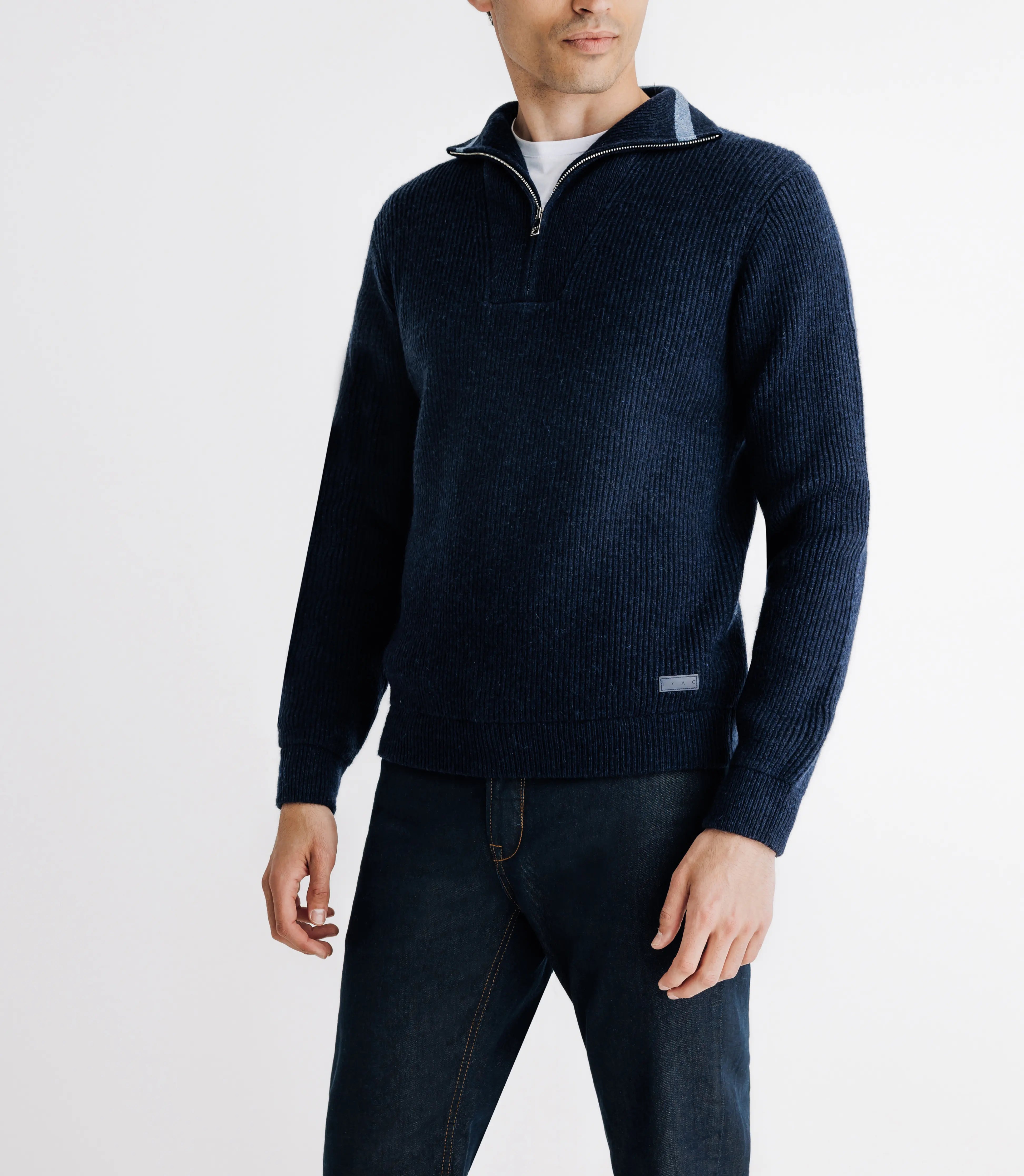 Pull lambswool col camionneur bleu marine - IZAC