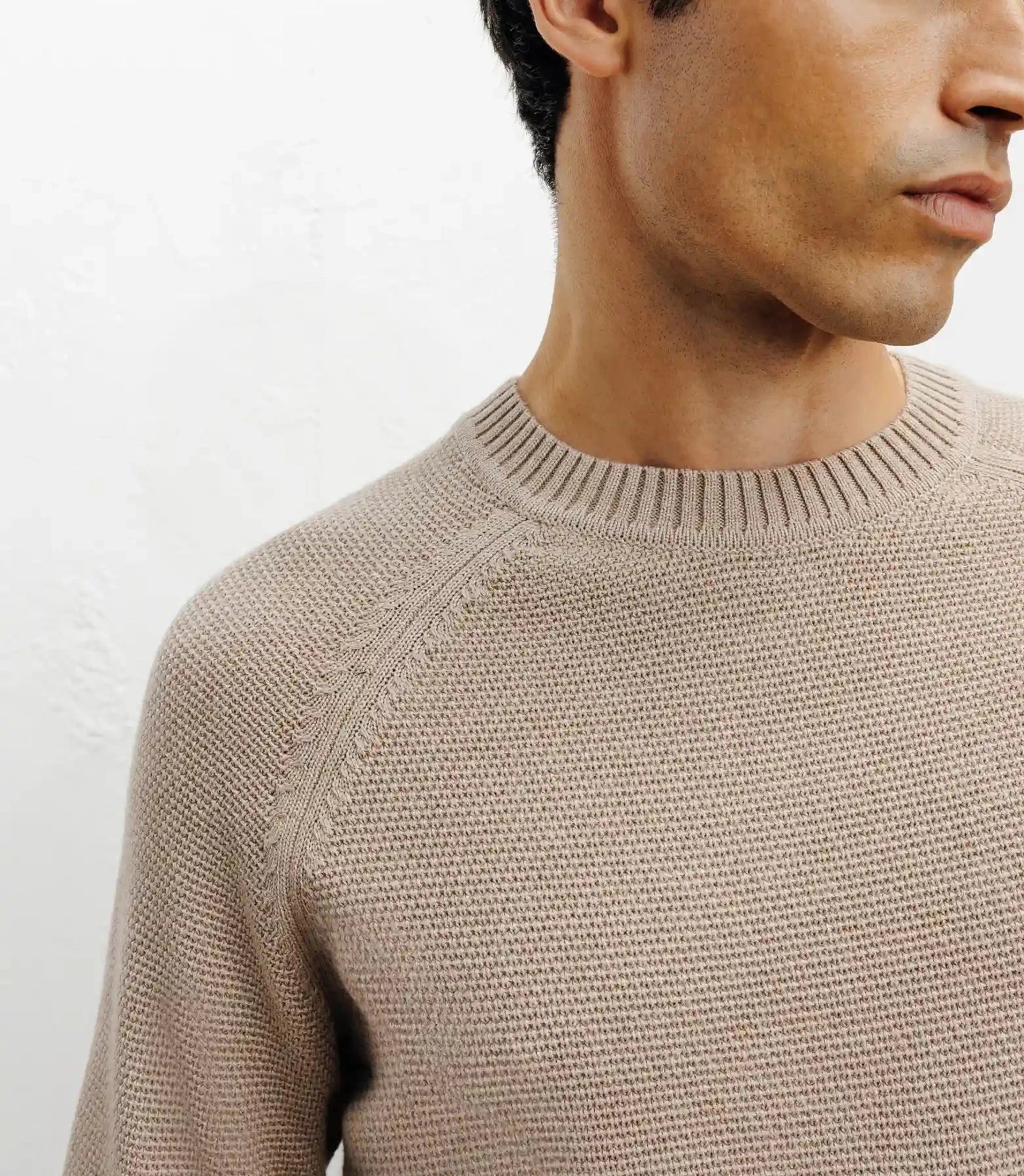 Round-neck sweater, beige stitch pattern
