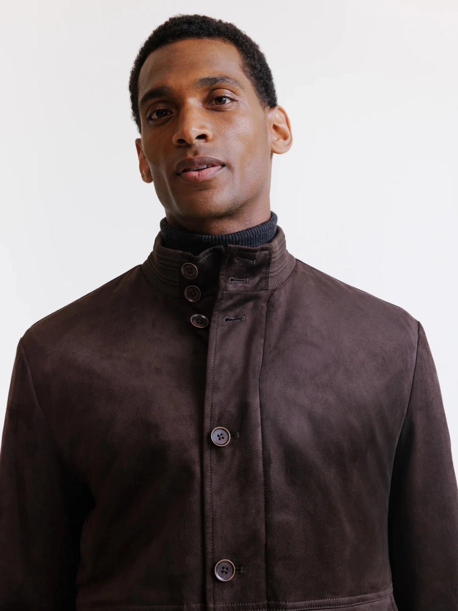 Dark brown suede stand-up collar jacket
