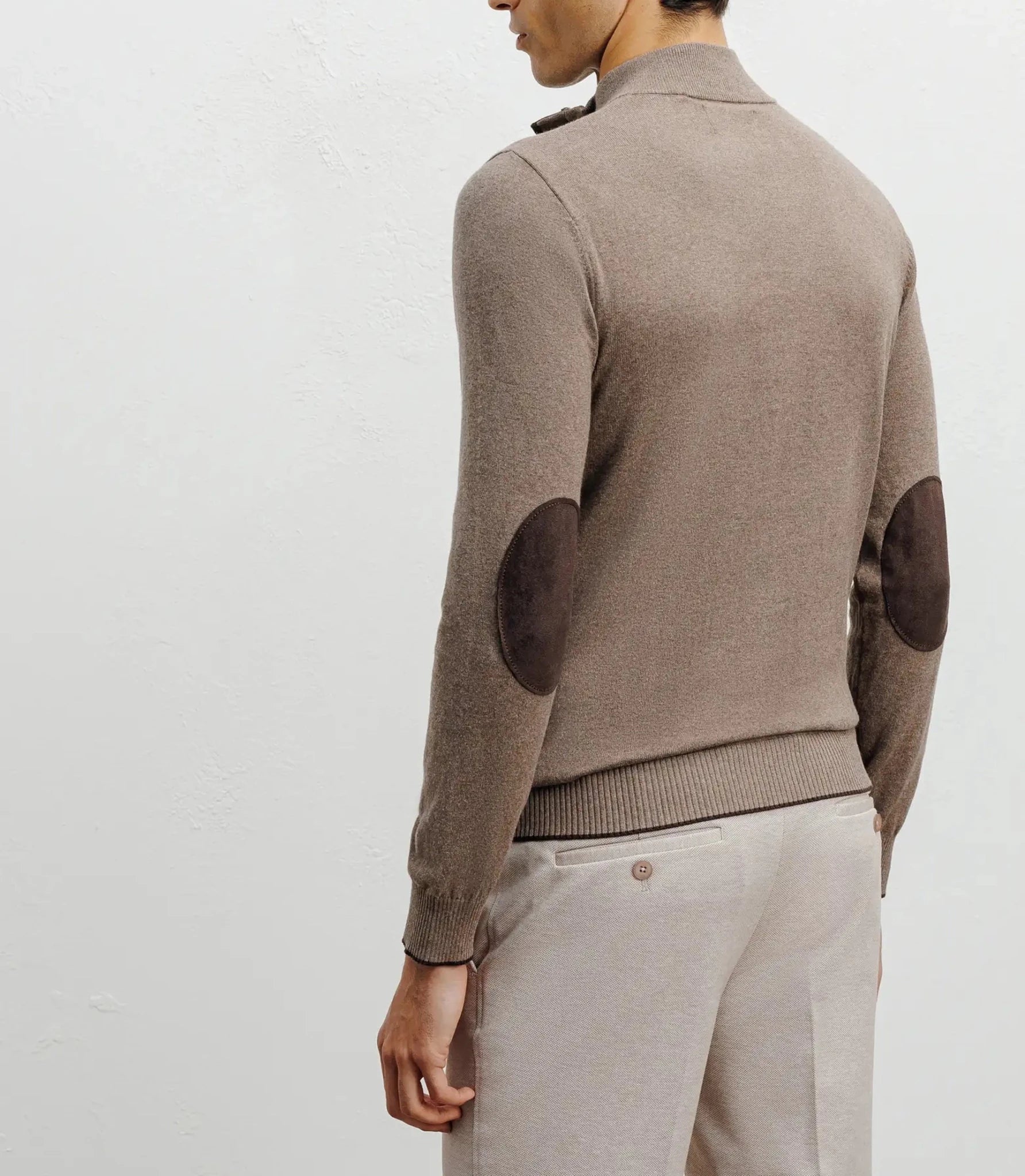 Taupe half-zip stand-up collar sweater