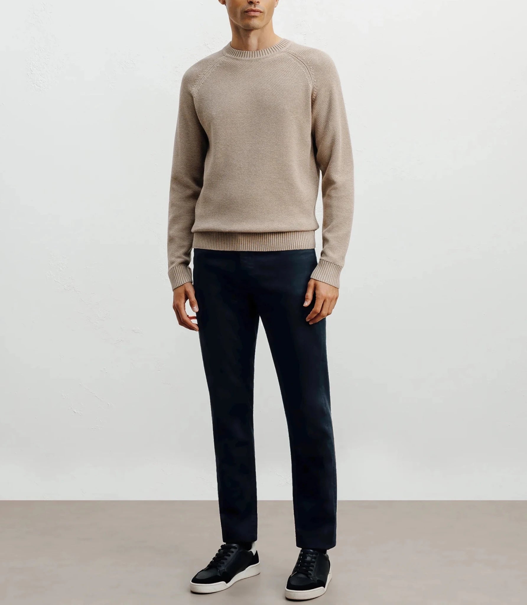 Round-neck sweater, beige stitch pattern