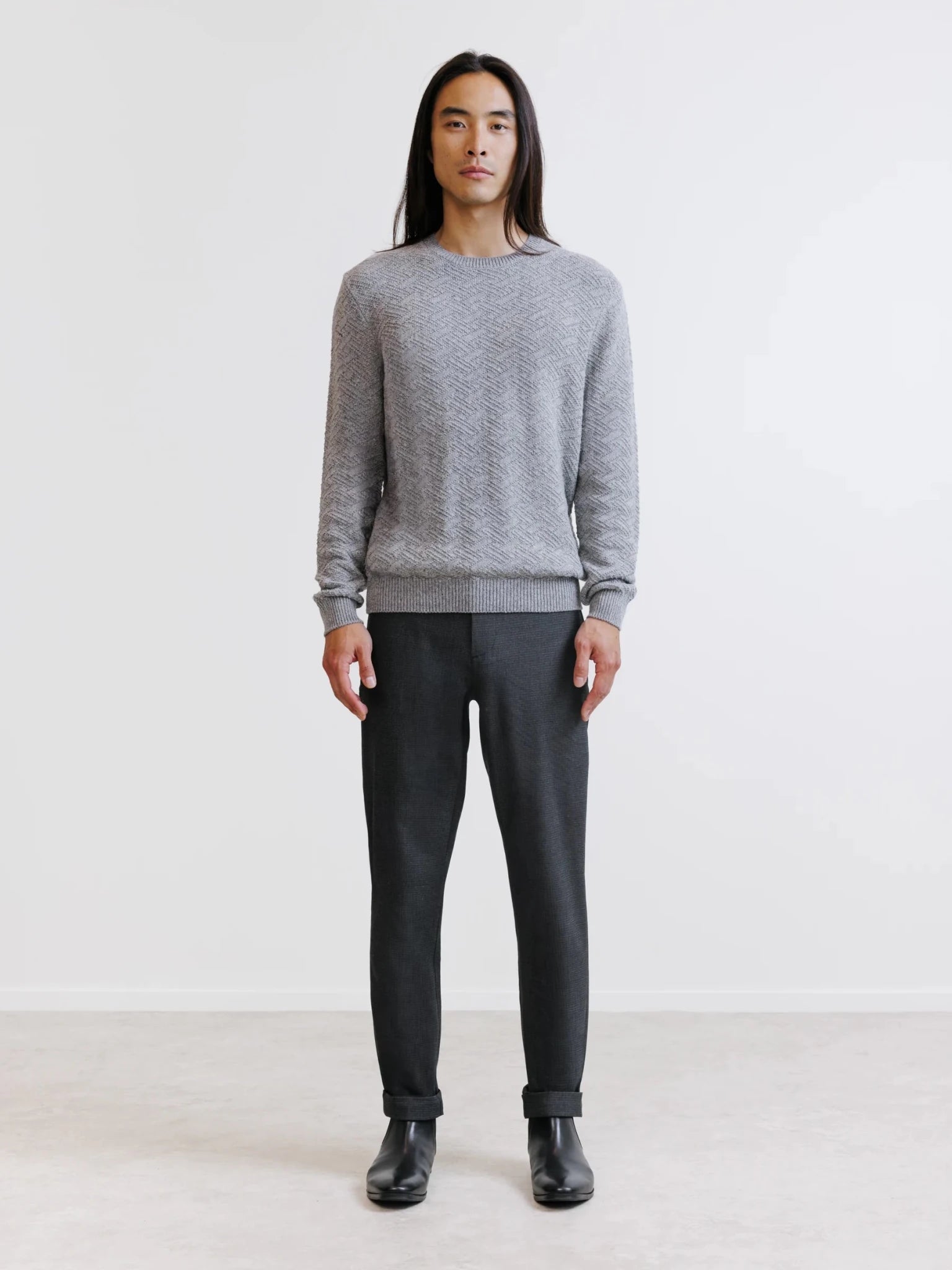 Pull jacquard col rond gris - IZAC