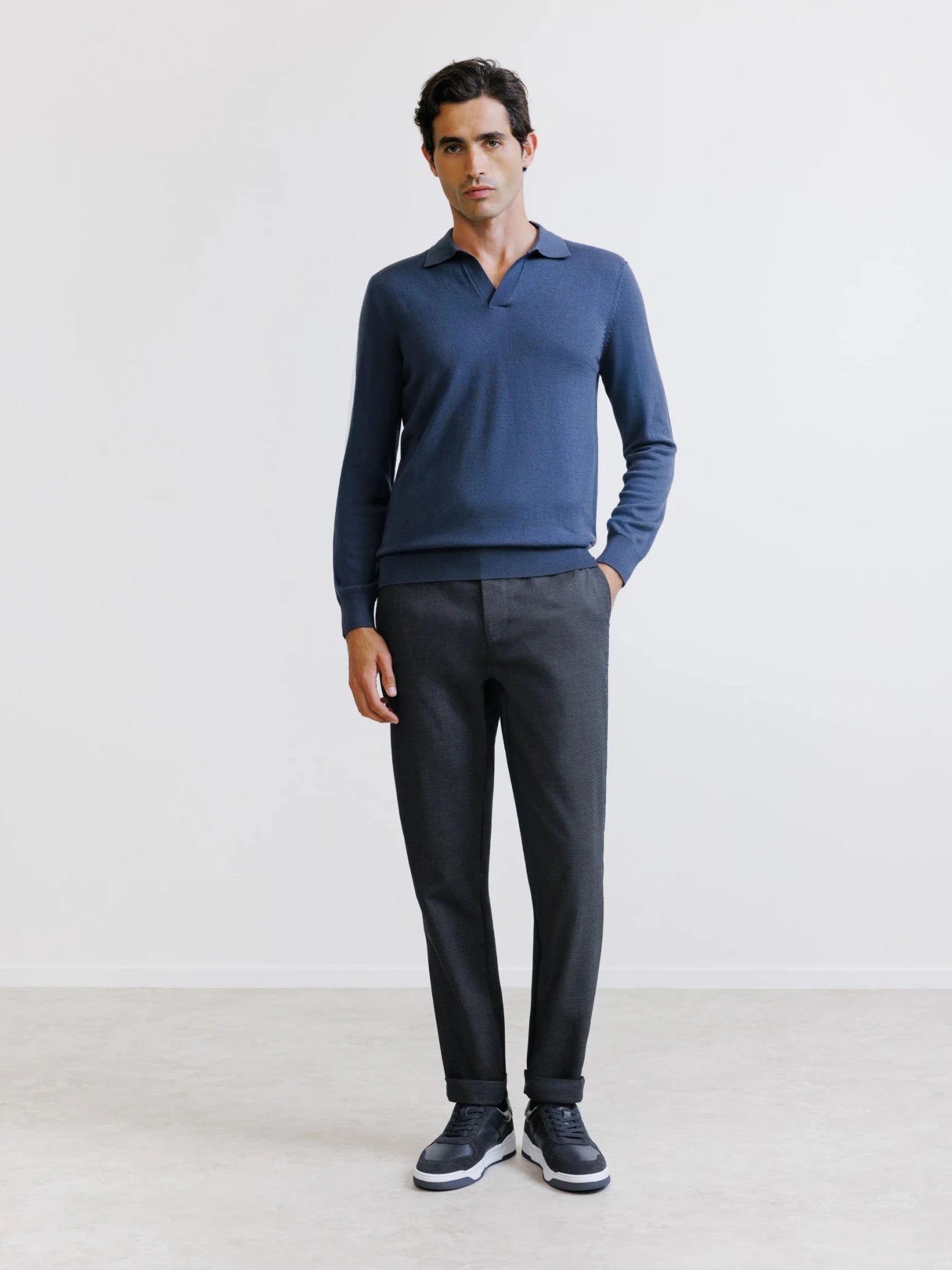 Pull col polo en laine mérinos bleu gris - IZAC