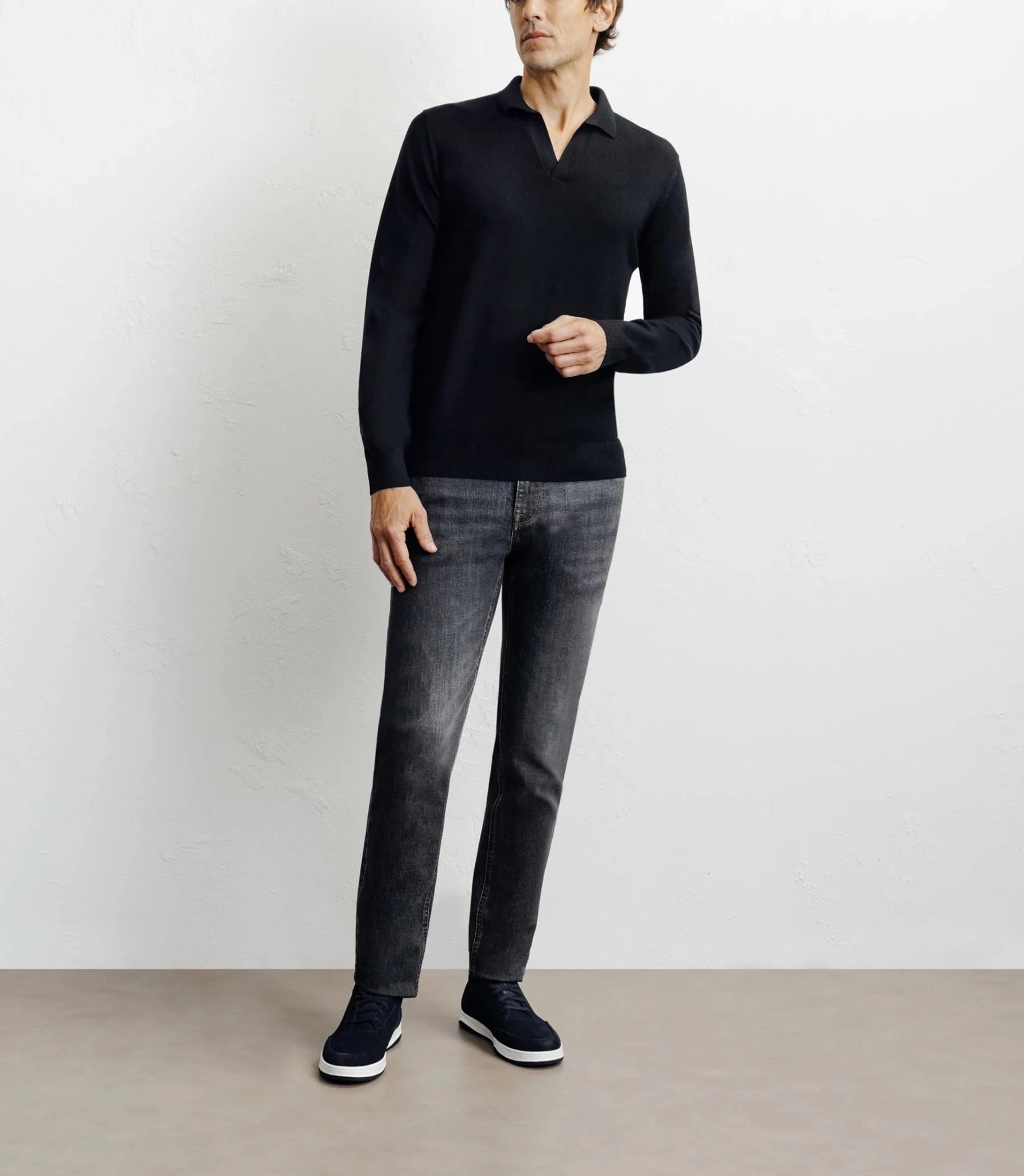 Pull col polo en laine mérinos noir - IZAC