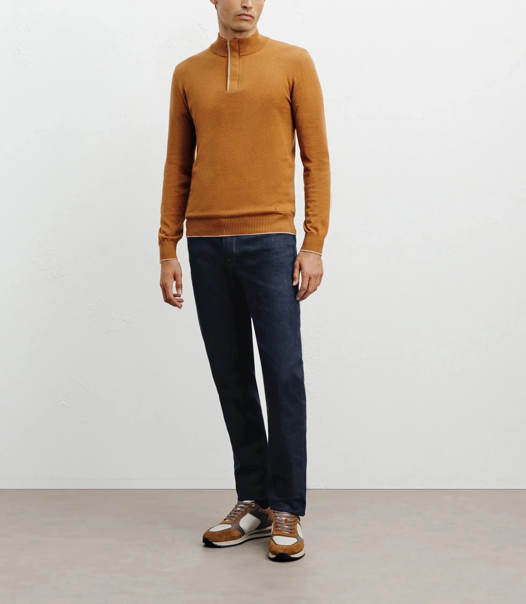 Dark camel half-zip stand-up collar sweater