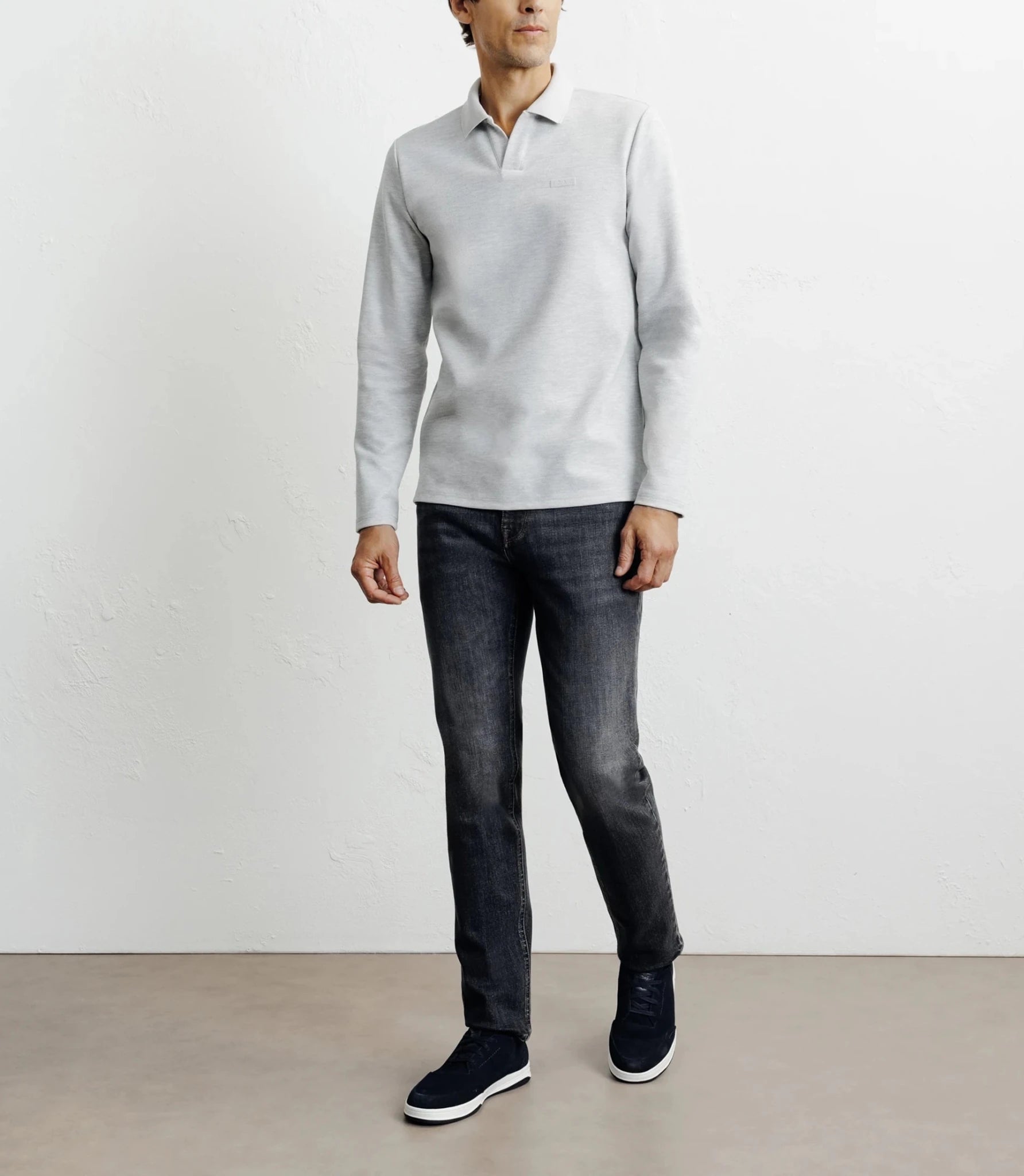 Polo shirt, open collar, long sleeves, china grey