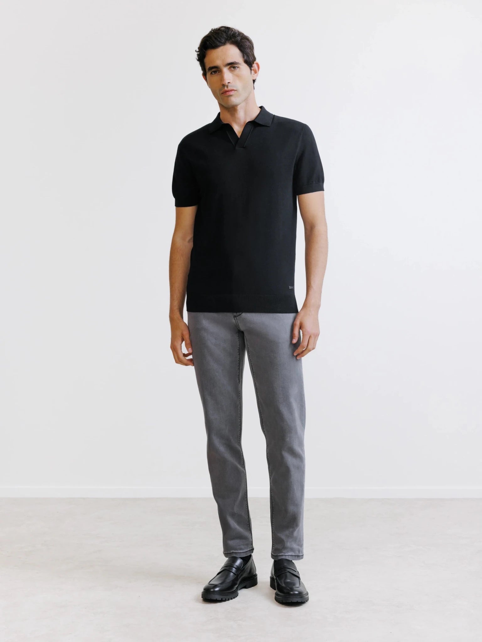 Black mesh open collar polo shirt