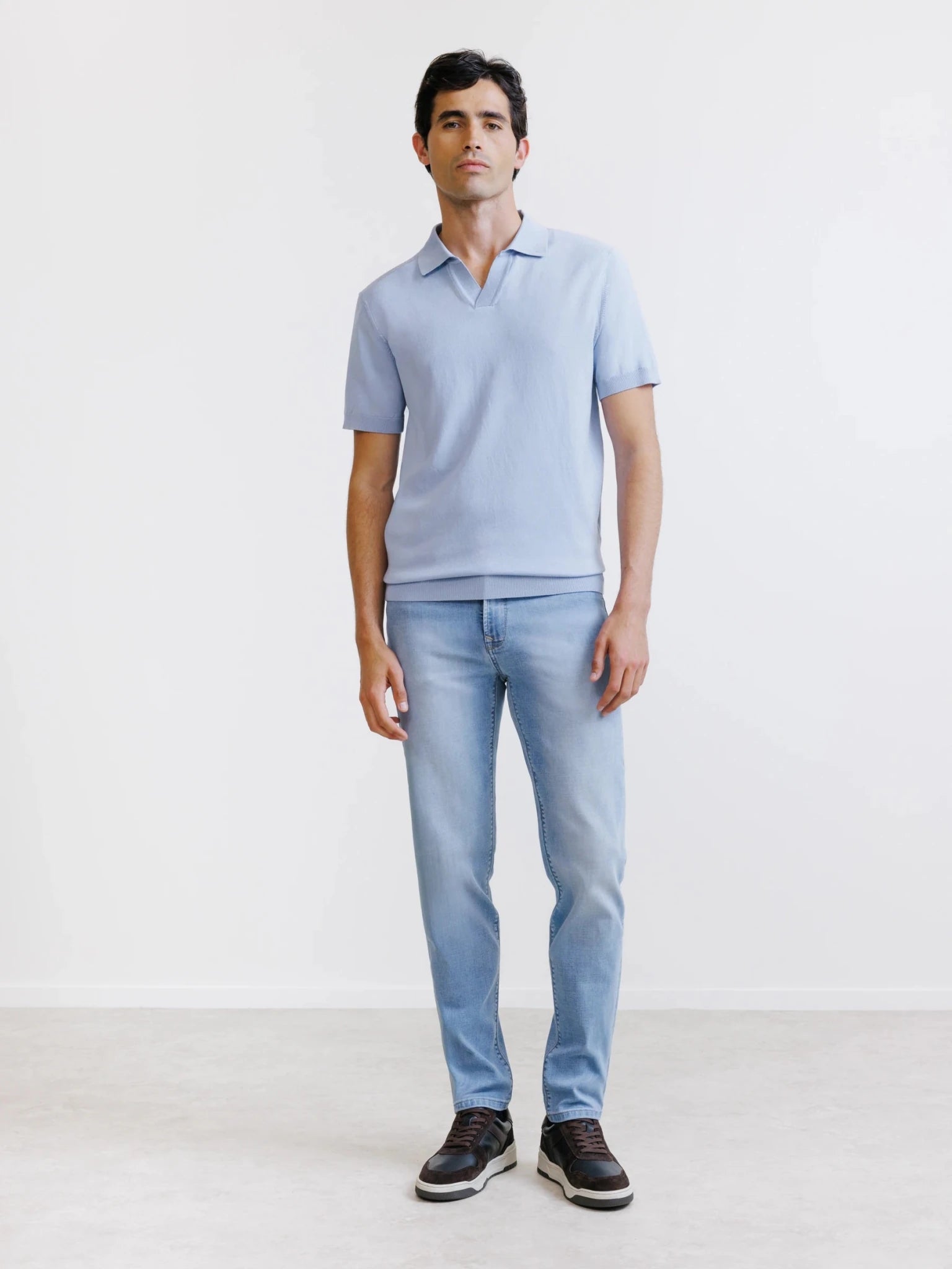 sky blue open-neck knit polo shirt