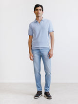 sky blue open-neck knit polo shirt