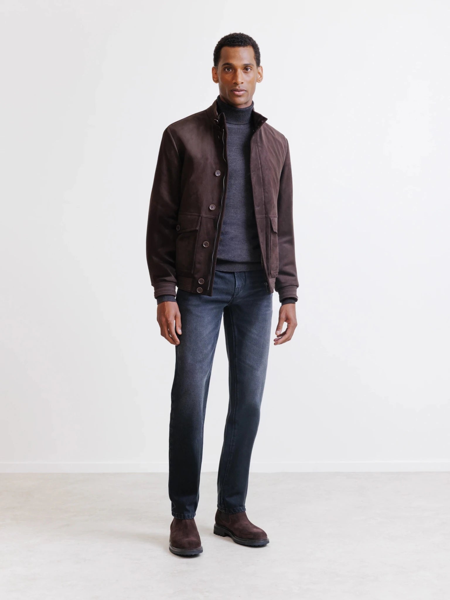 Dark brown suede stand-up collar jacket