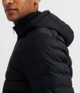 Down jacket with black removable hood