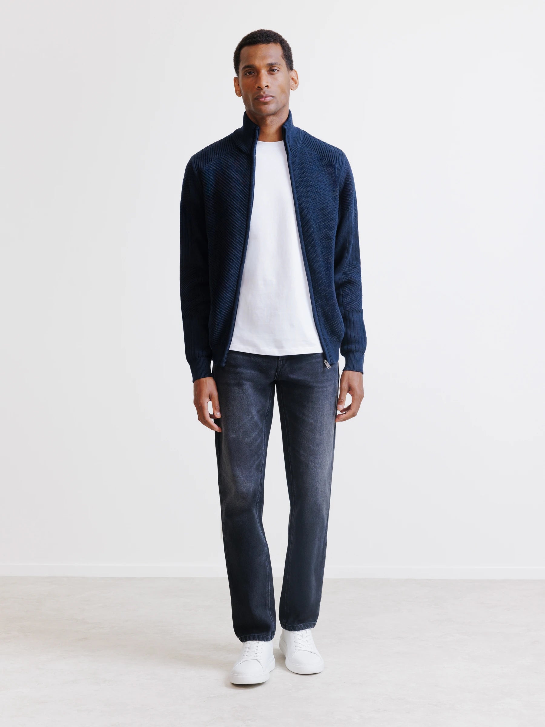 Navy zip-up cardigan with stitch detailing