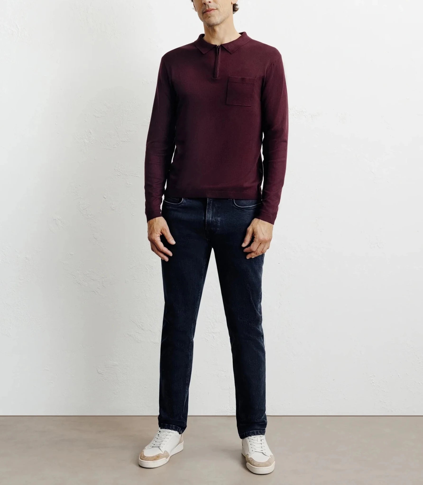 Pull col polo zippé en maille fine bordeaux foncé - IZAC