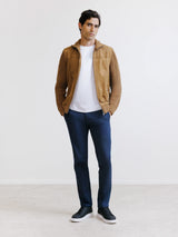 Two-material zipped cardigan in camel
