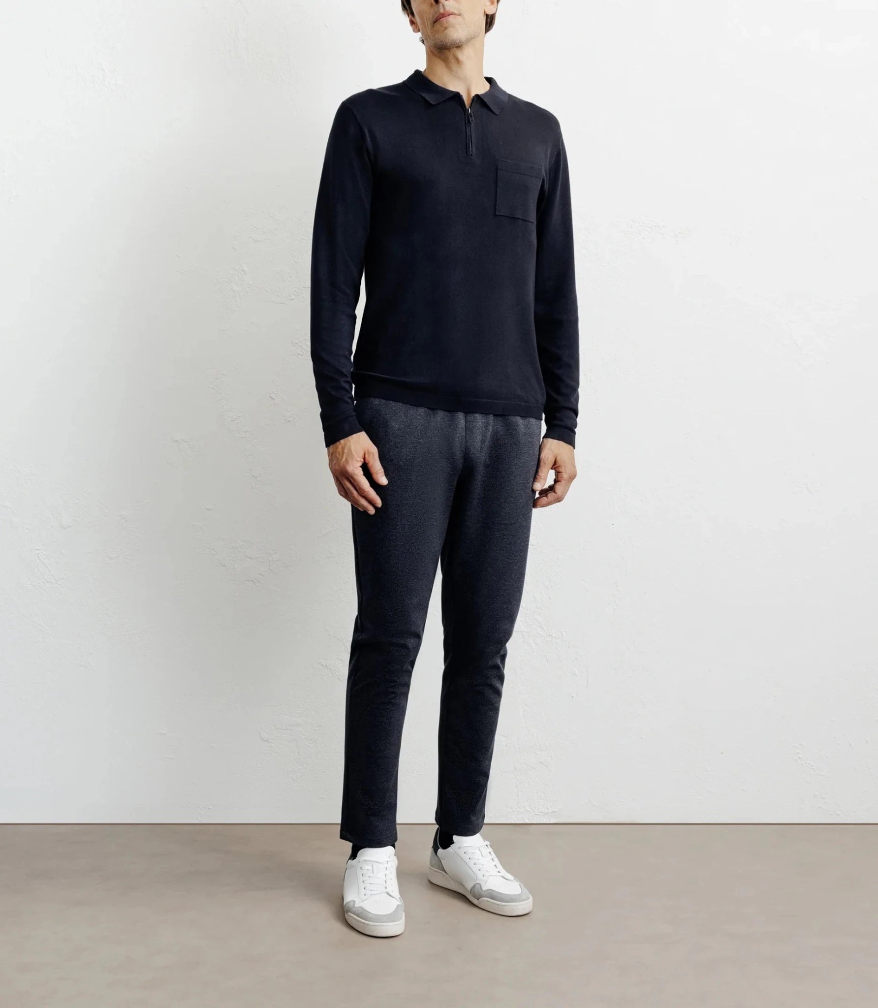 Pull col polo zippé en maille fine marine - IZAC