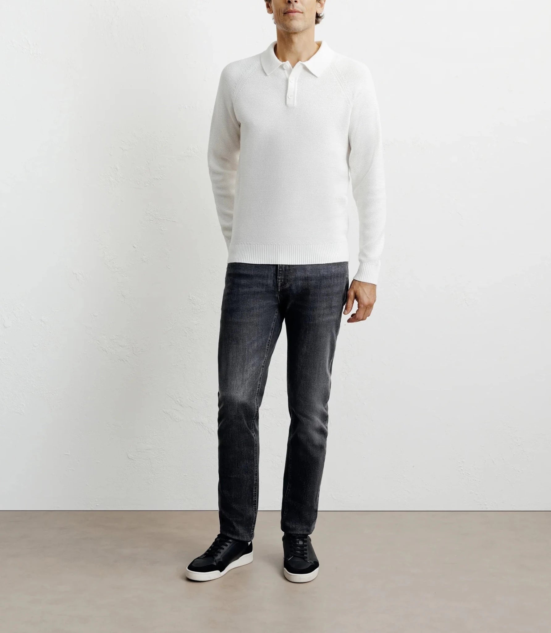 Pull col polo boutonné jeux de points écru - IZAC