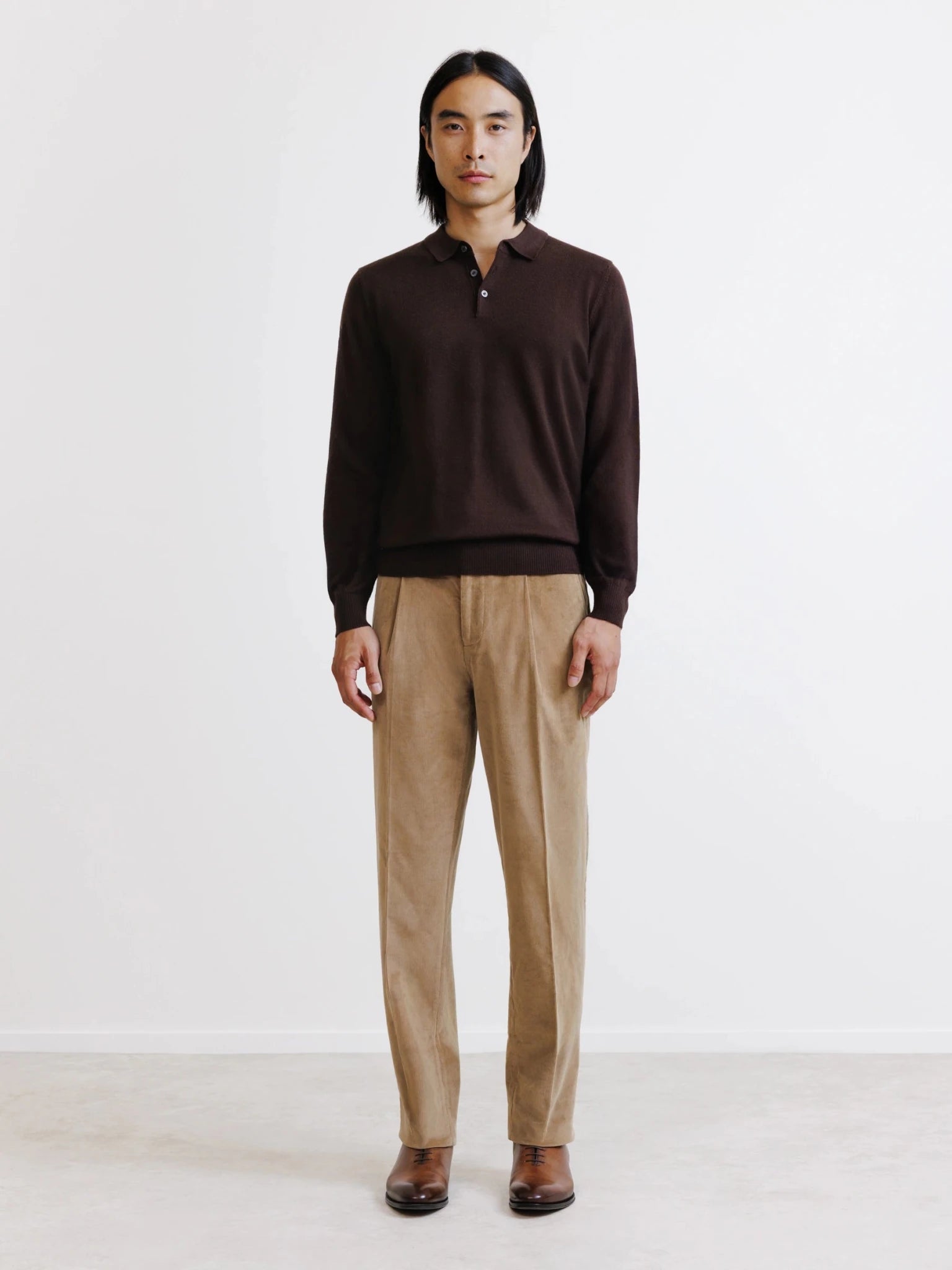 Pull à col polo boutonné en laine mérinos chocolat - IZAC