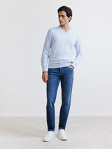 Light blue cotton and cashmere V-neck sweater
