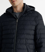 Down jacket with removable navy hood