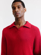 Open dark red polo neck jumper