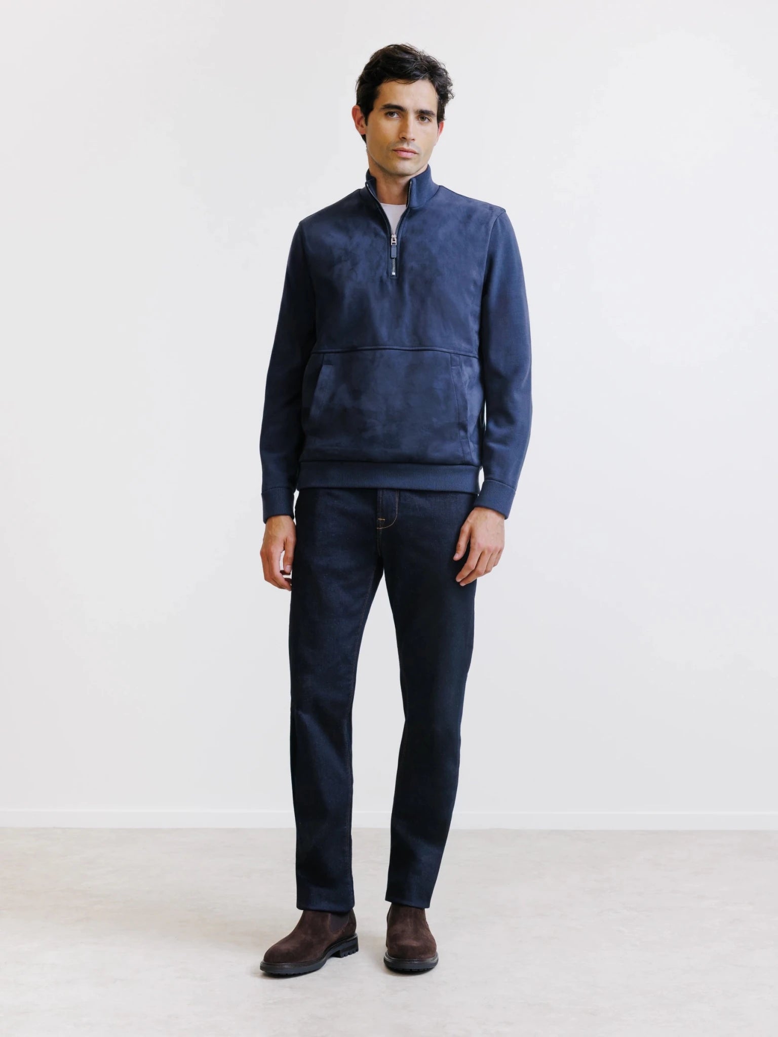 Sweat demi-zippé bi-matière marine