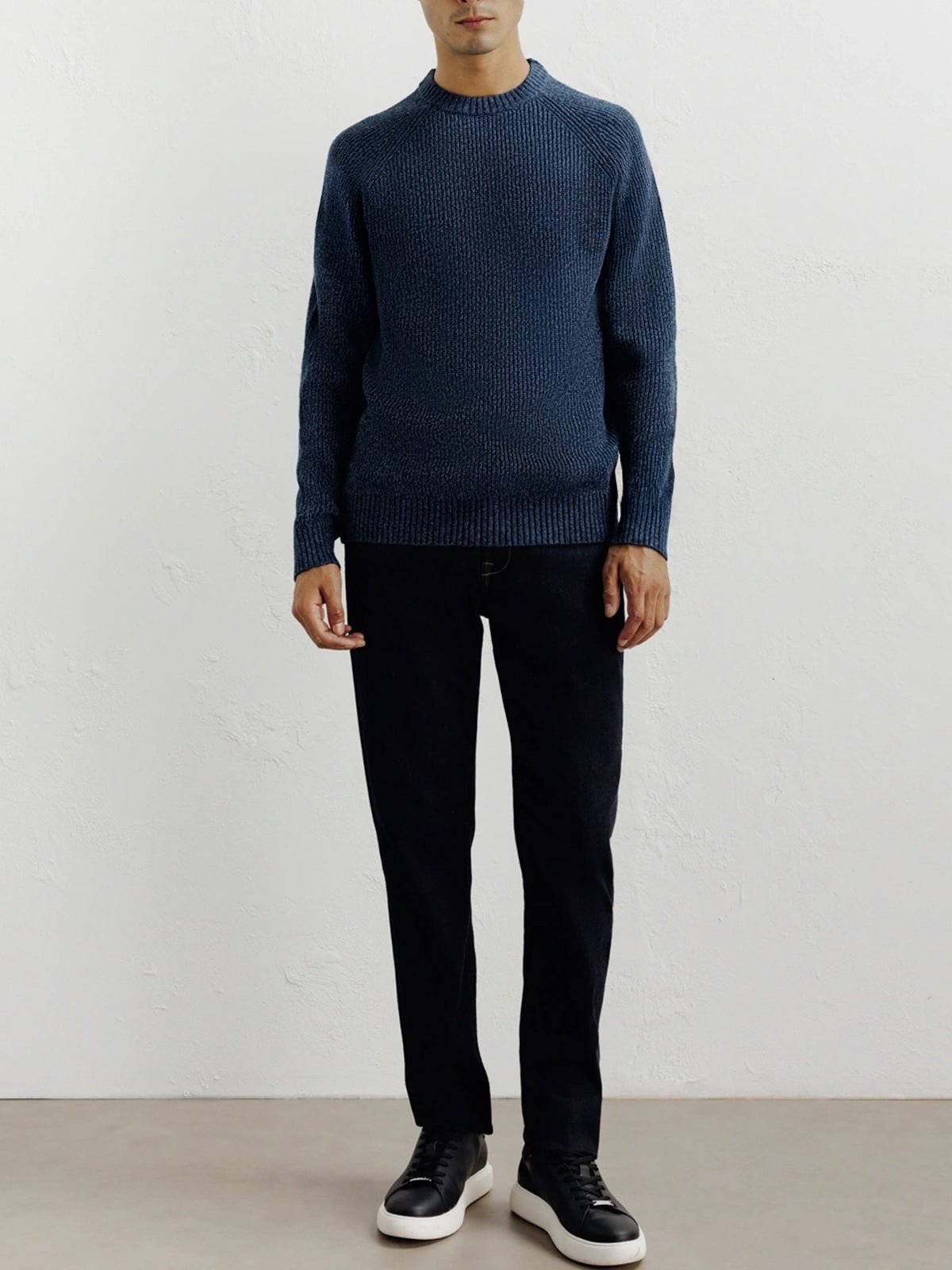 Pull col rond mouliné marine