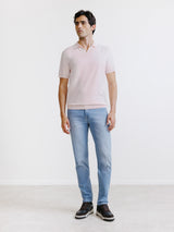 Light pink open-collar knit polo shirt