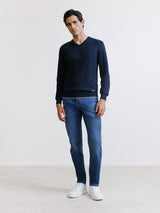 Navy cotton and cashmere V-neck sweater