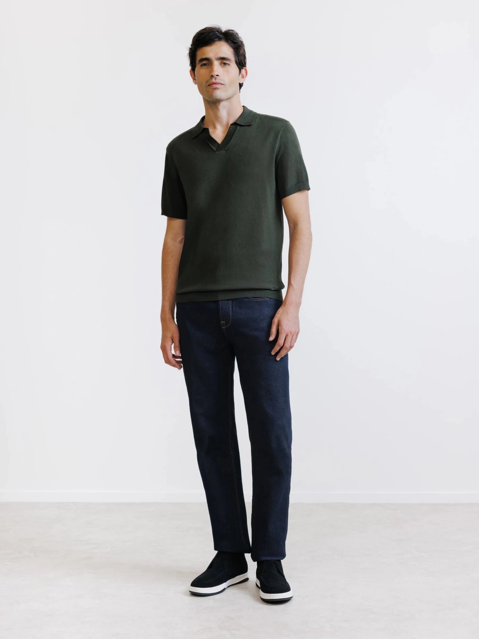 Polo col ouvert en maille vert moyen - IZAC
