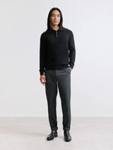 Pull col polo boutonné en laine mérinos noir