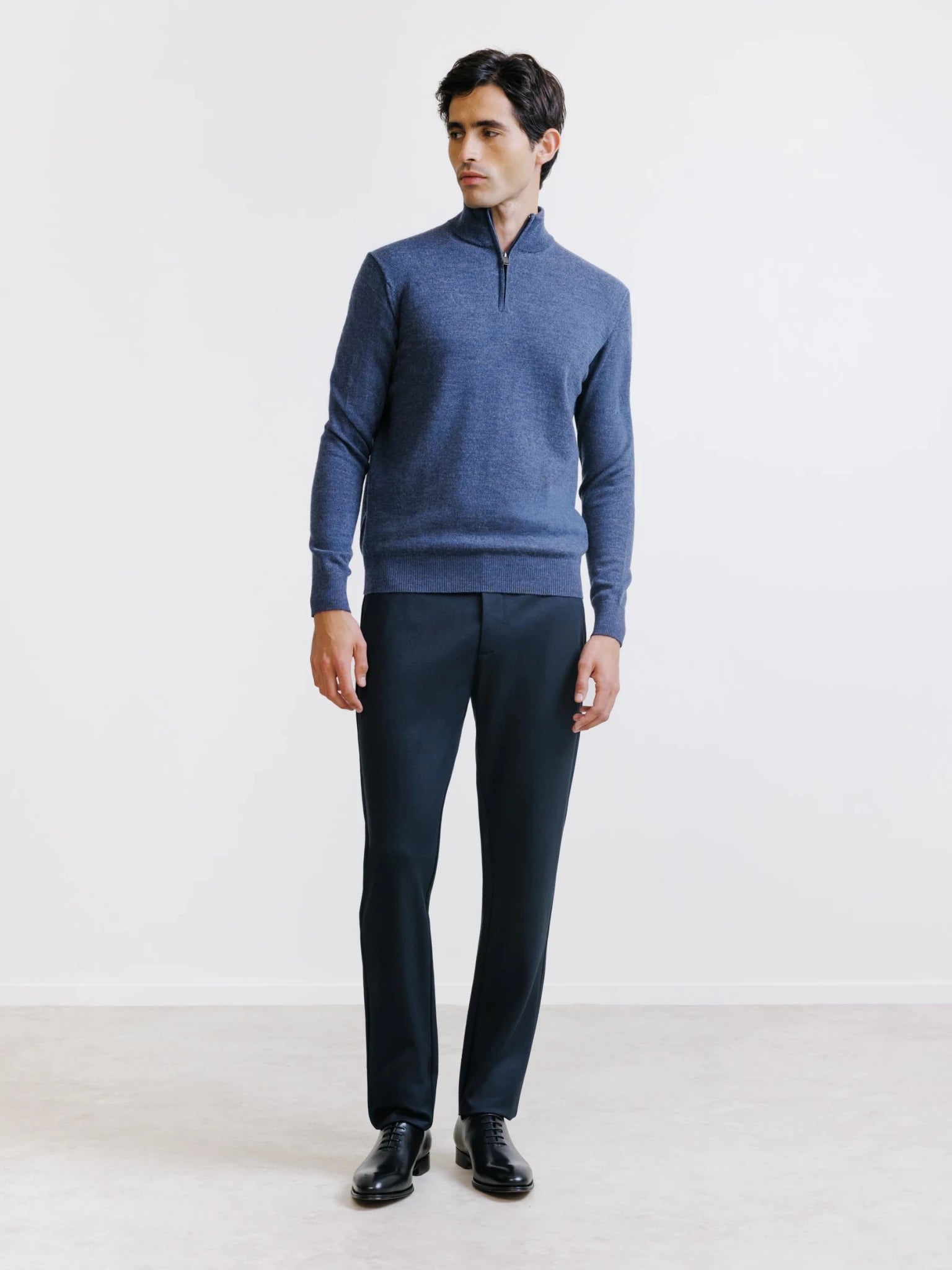 Indigo merino wool half-zip jumper