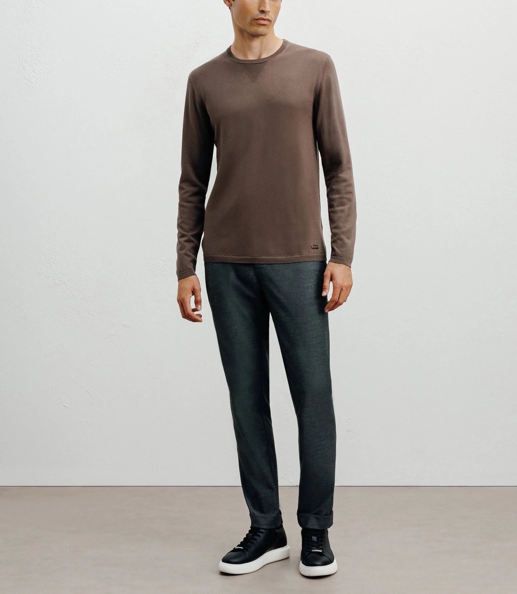 Pull manches longues col rond en maille chatain - IZAC