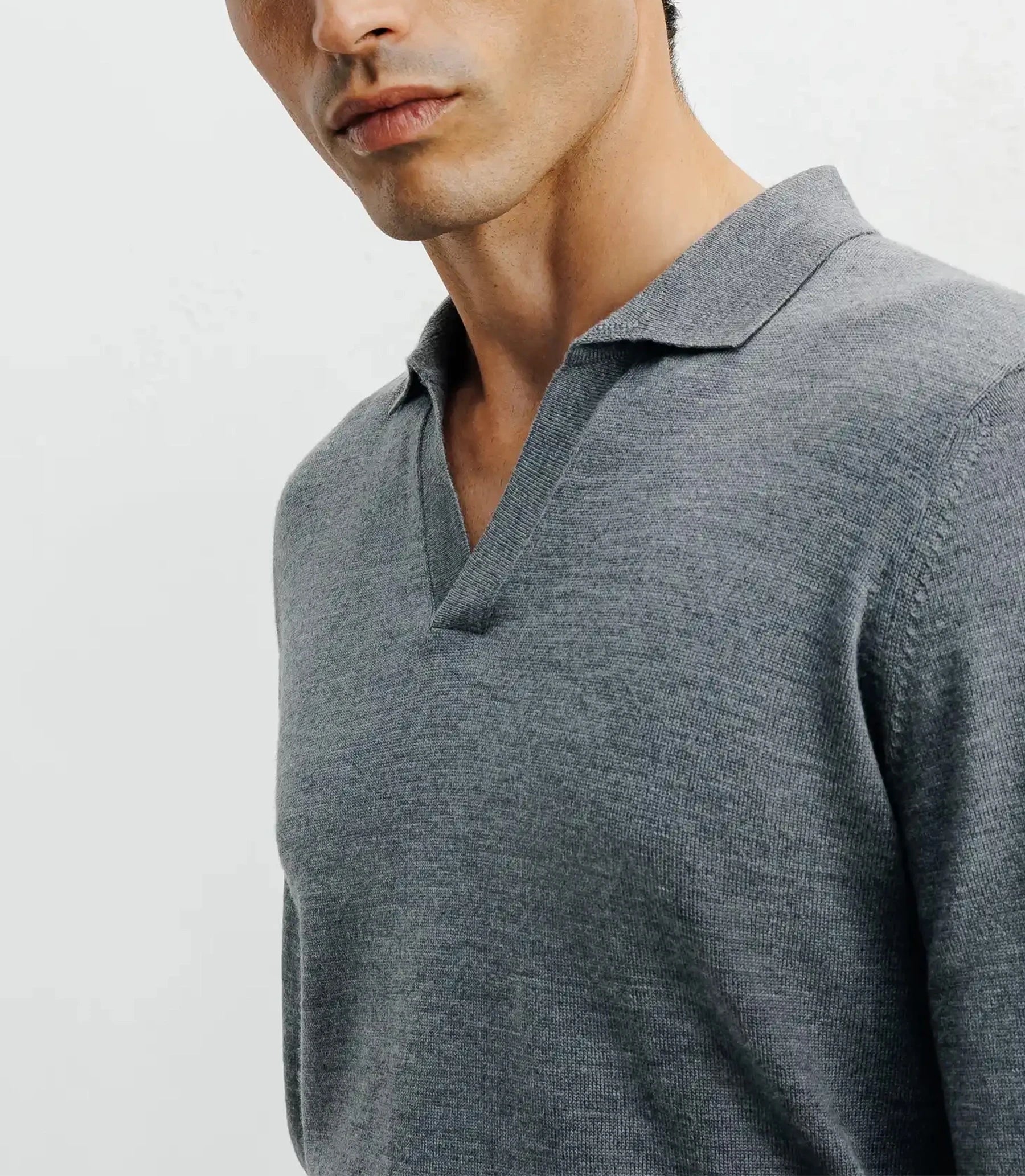 Pull col polo en laine mérinos gris chiné