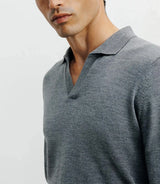 Pull col polo en laine mérinos gris chiné