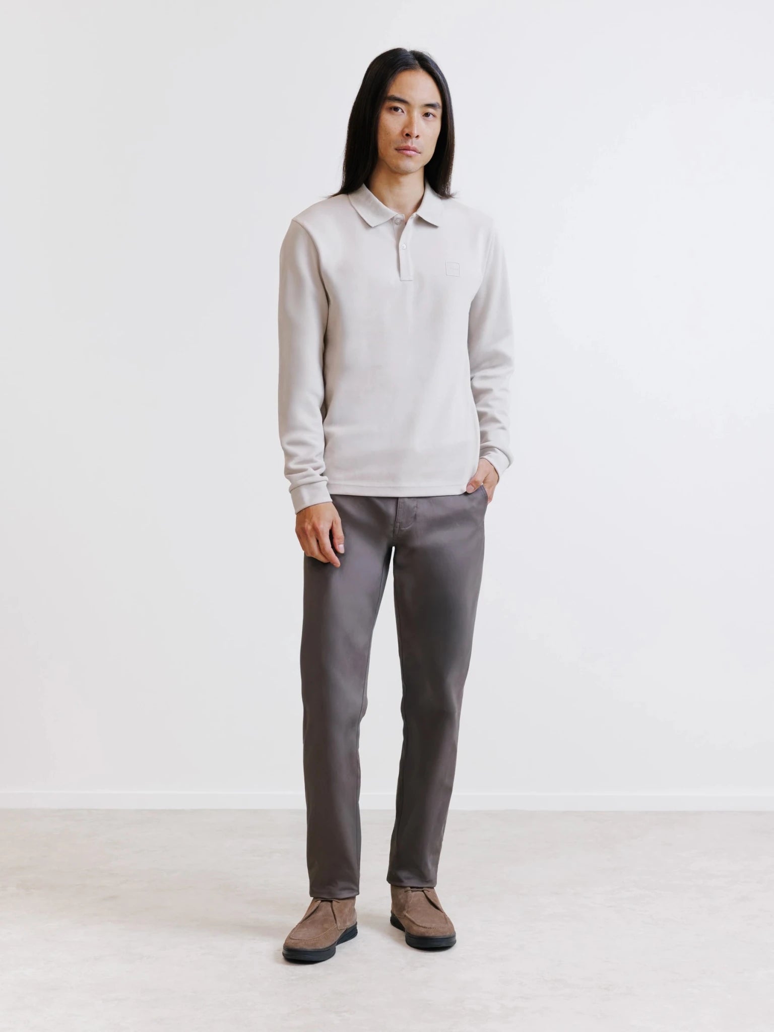 Polo manches longues col boutonné mastic