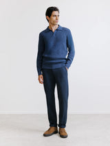 Open polo-neck jumper with indigo stitch patterns