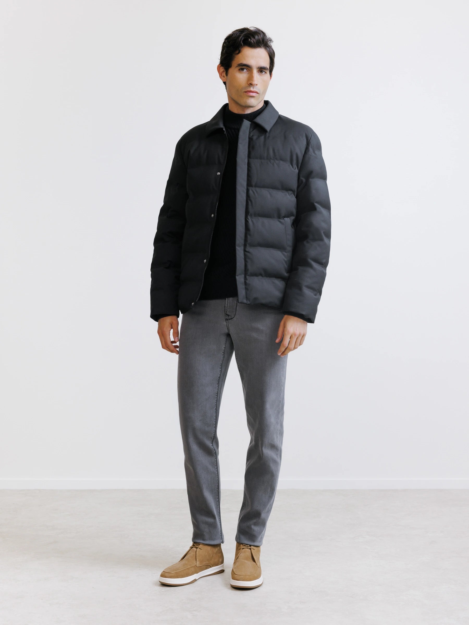Black short down jacket with shirt collar