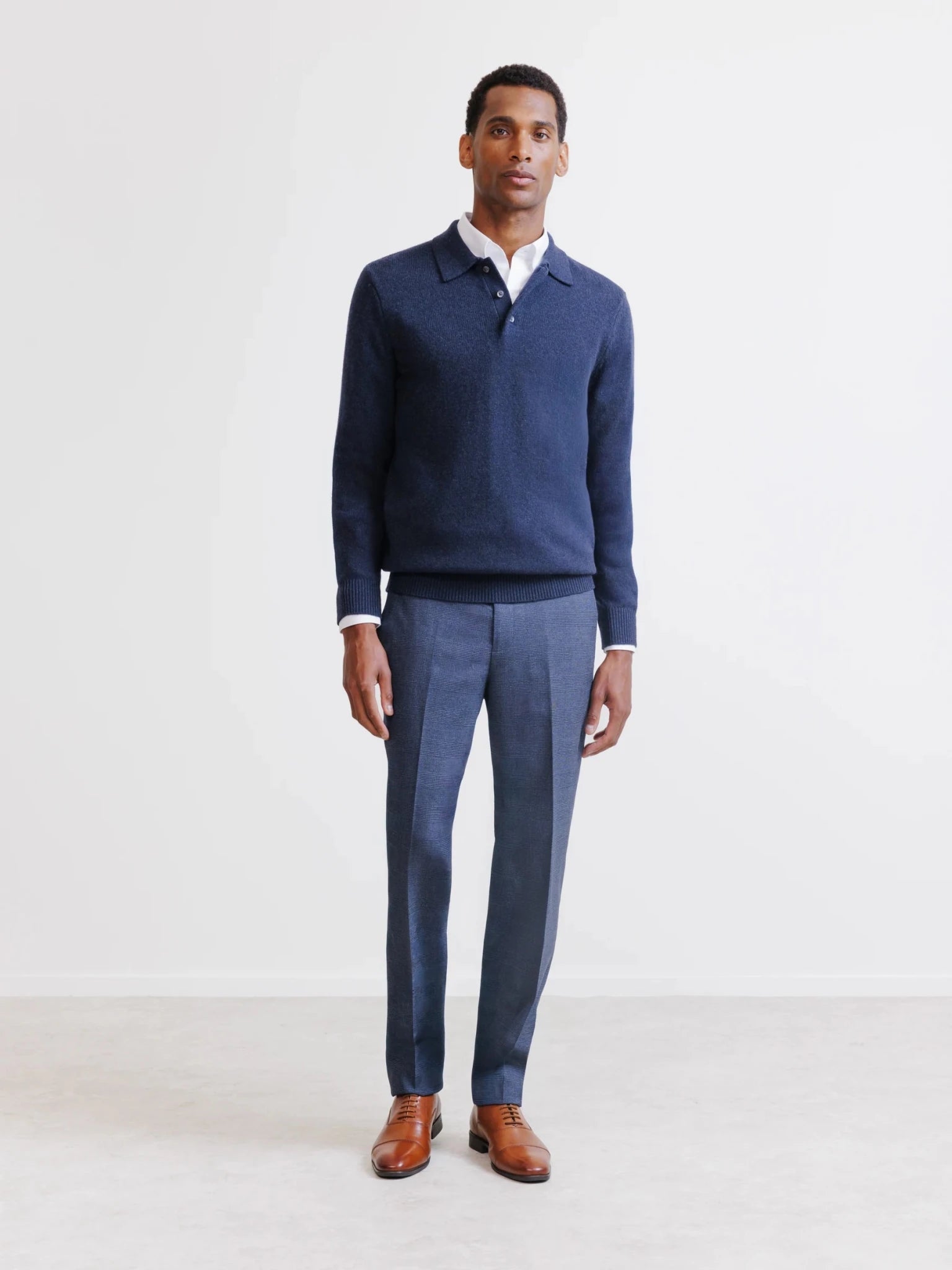 Pull en laine à col polo boutonné marine - IZAC