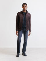 Brown mixed-material zip-up cardigan