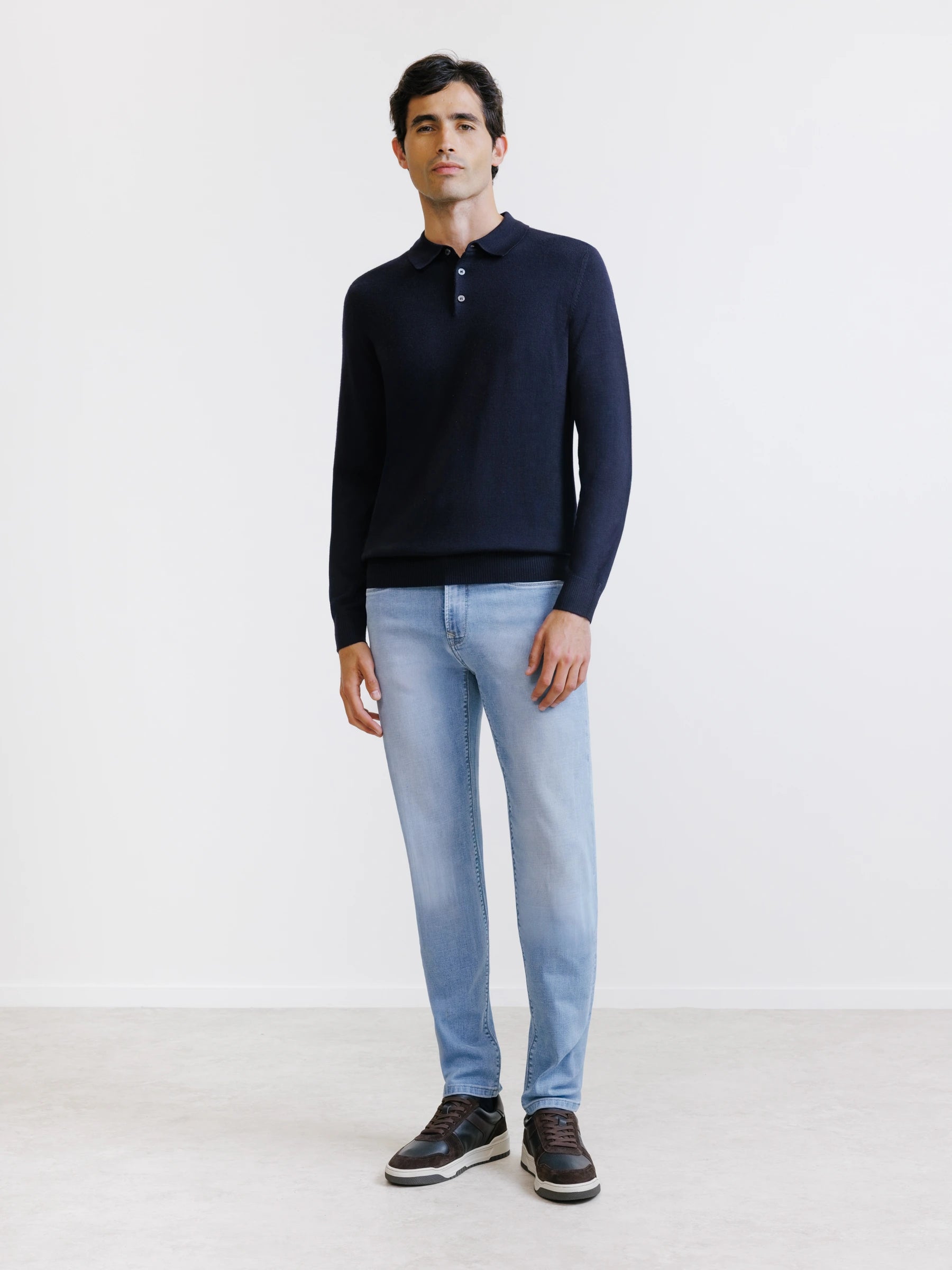 Navy merino wool button-up polo shirt