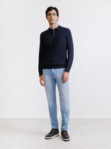 Pull col polo boutonné en laine mérinos marine