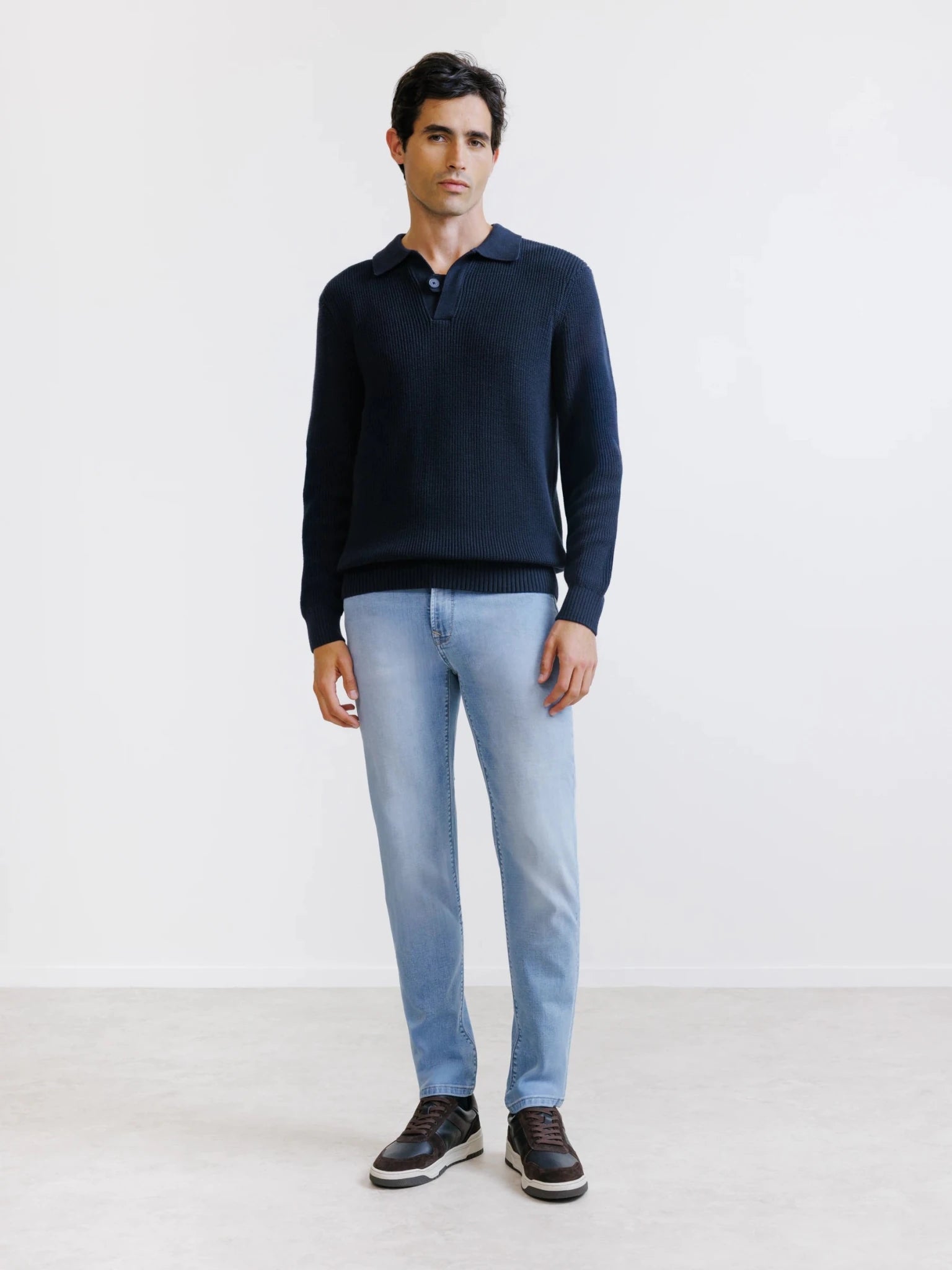 Pull col polo ouvert 1 bouton marine - IZAC