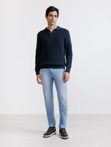 Navy open-collar polo shirt with 1 button
