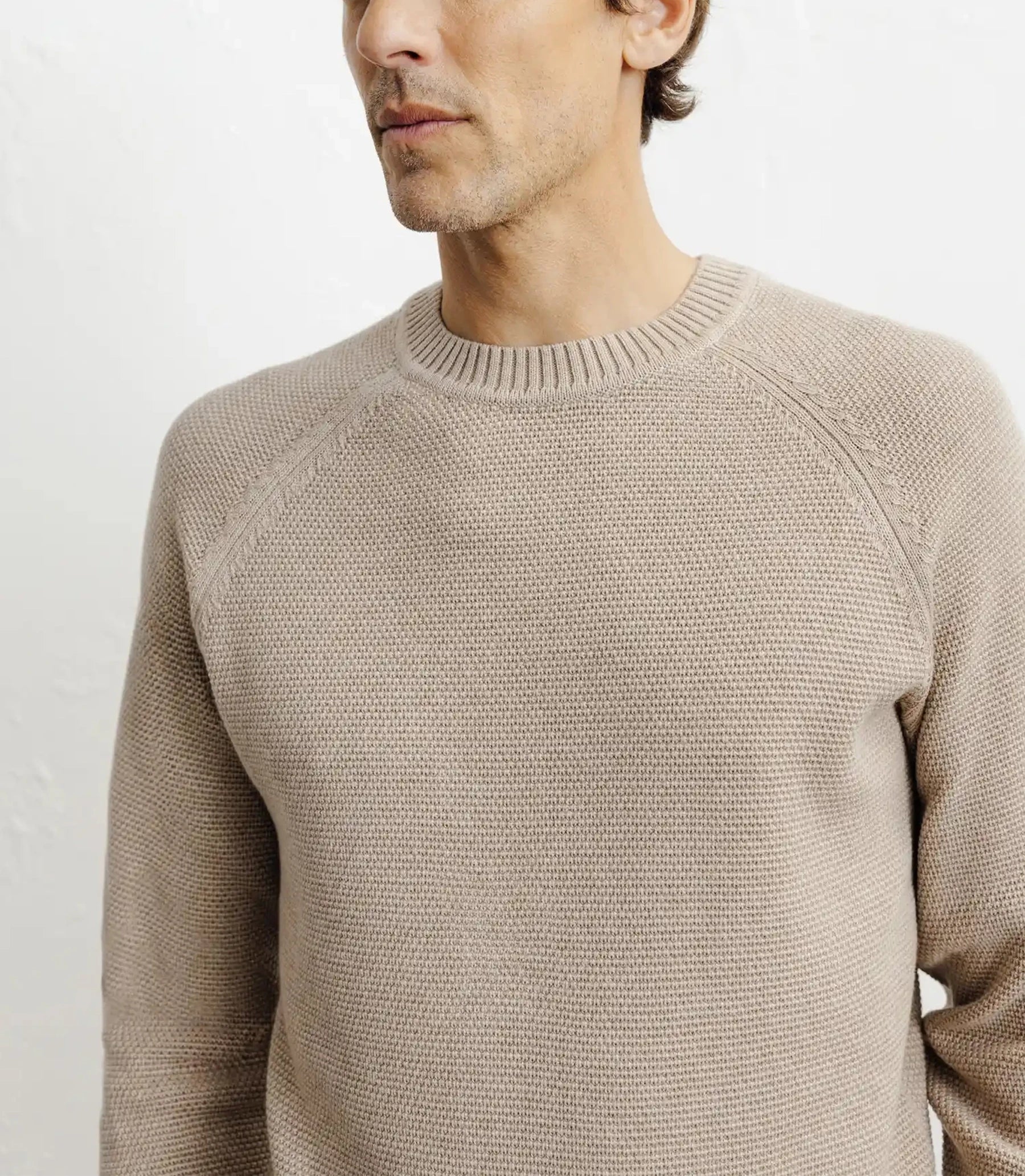 Round-neck sweater, beige stitch pattern