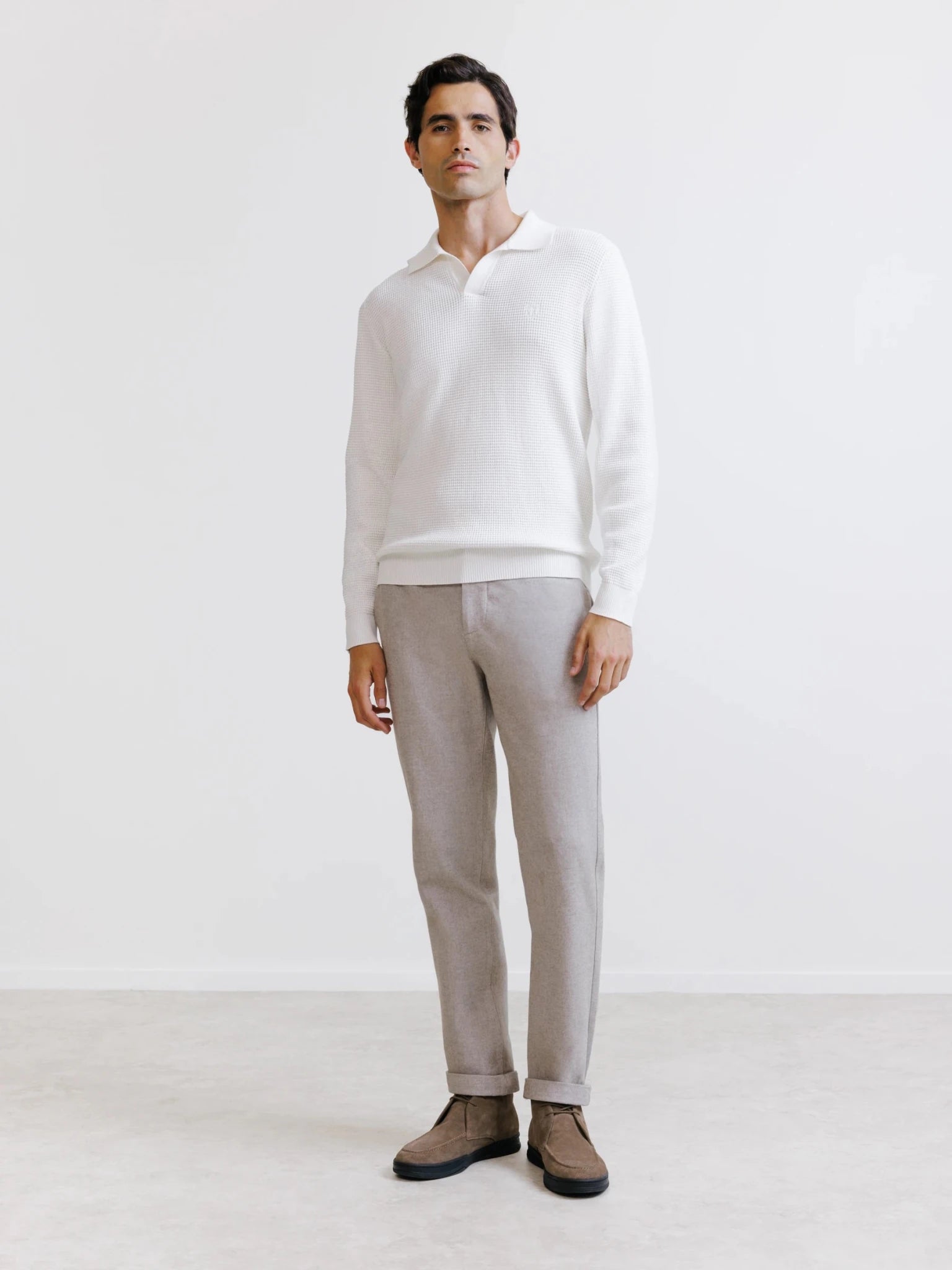 Ecru open polo collar jumper with textured knit