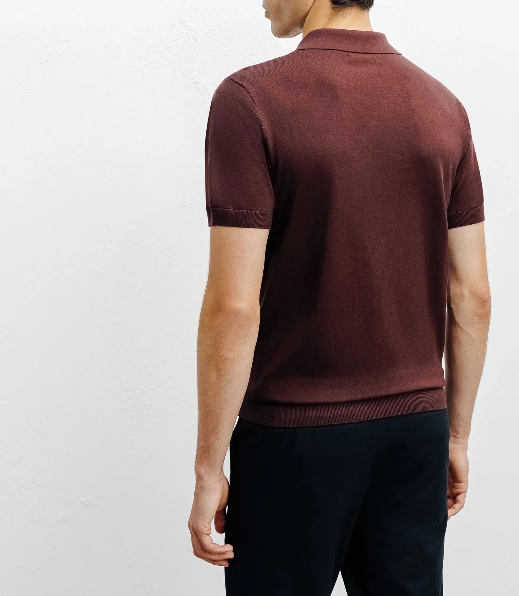 Dark burgundy open-neck knit polo shirt