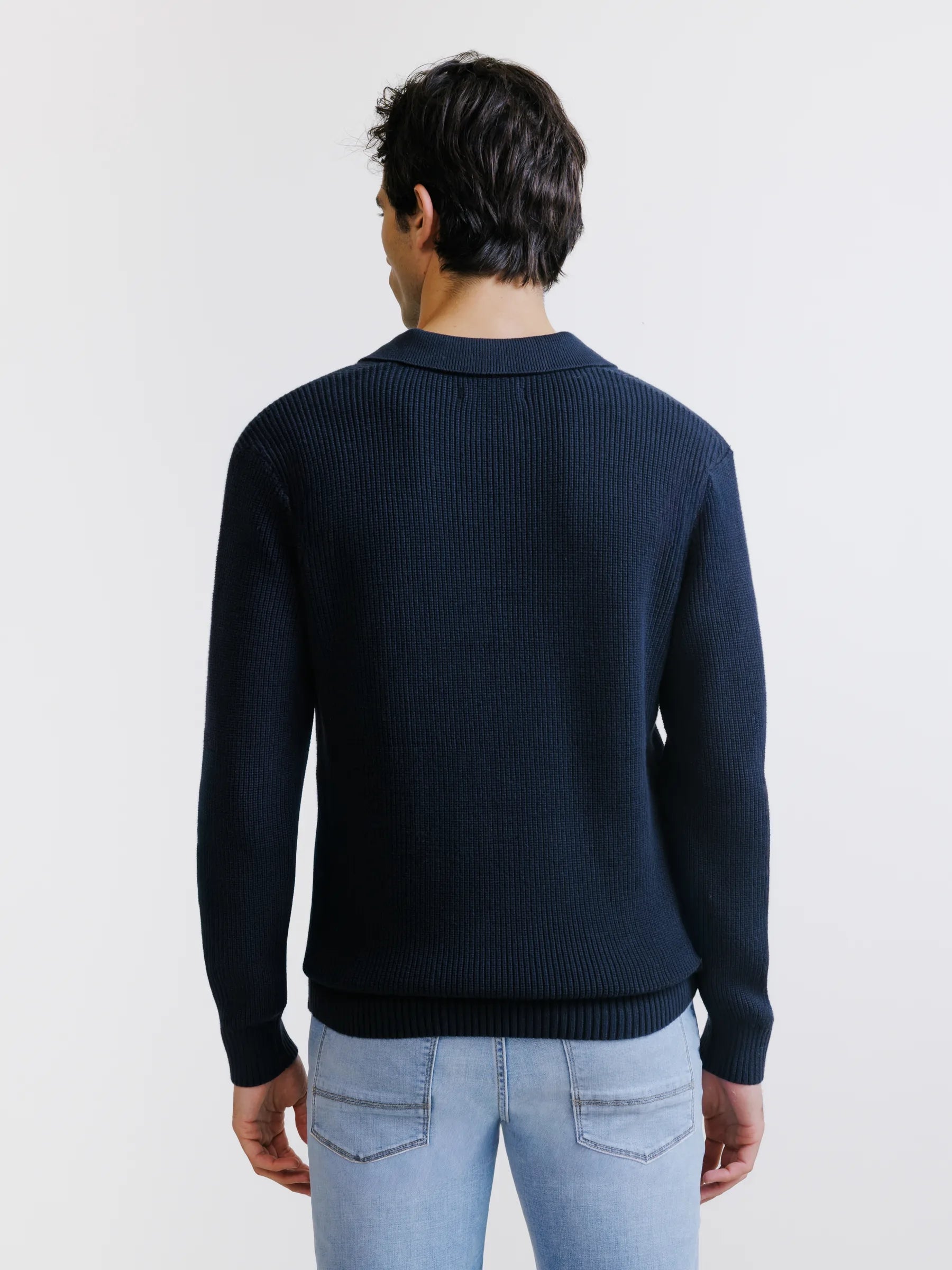 Navy open-collar polo shirt with 1 button