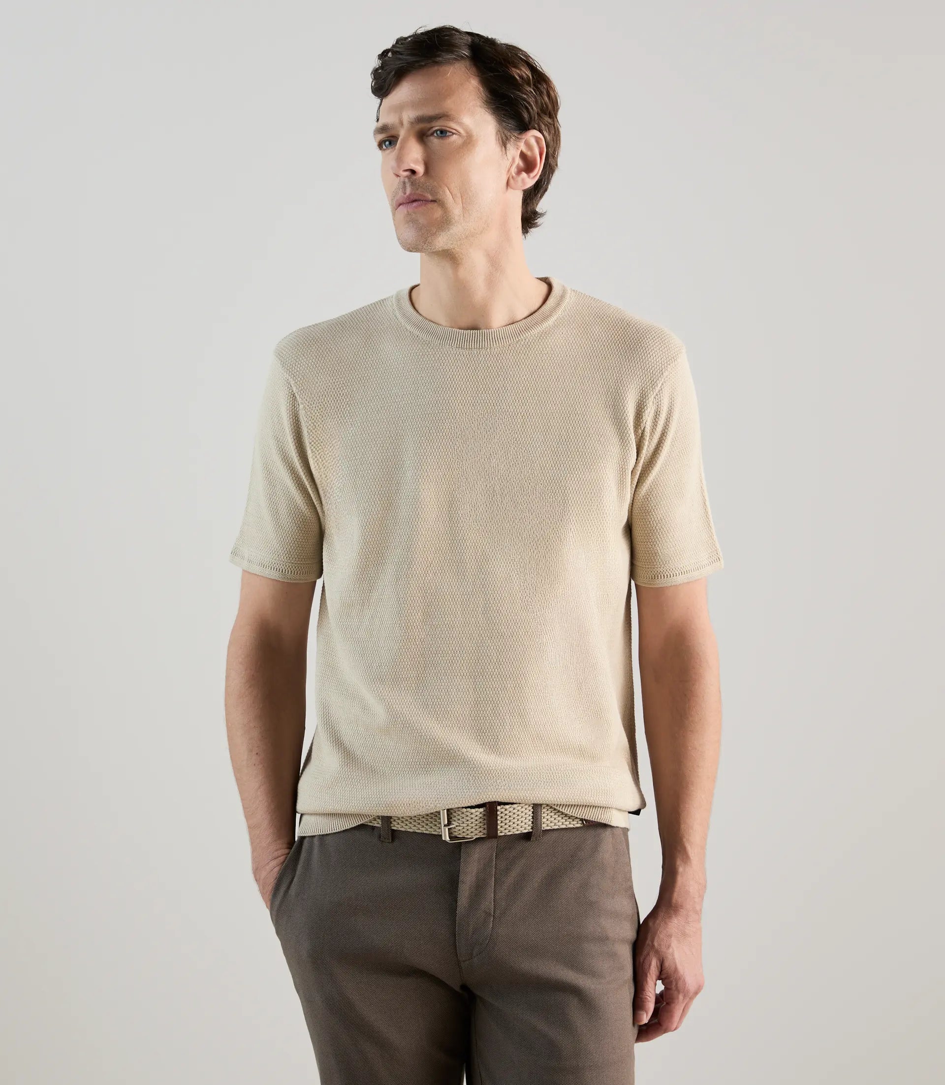 T-shirt à manches courtes en jeu de points beige - IZAC