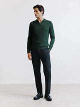 Pull col polo ouvert en laine mérinos vert foncé